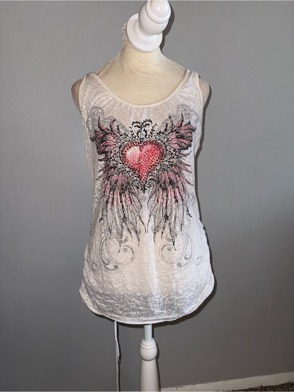Body Central White Tank Top with Pink Heart and Wing Graphic